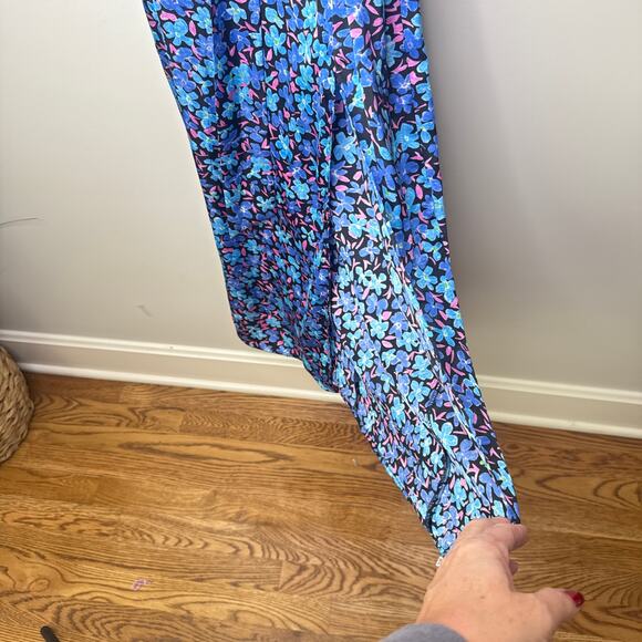 NEW NWT Zara Midi‎ Blue Floral Long Sleeve Satin Dress Small Belted Front Slit - Picture 7 of 10